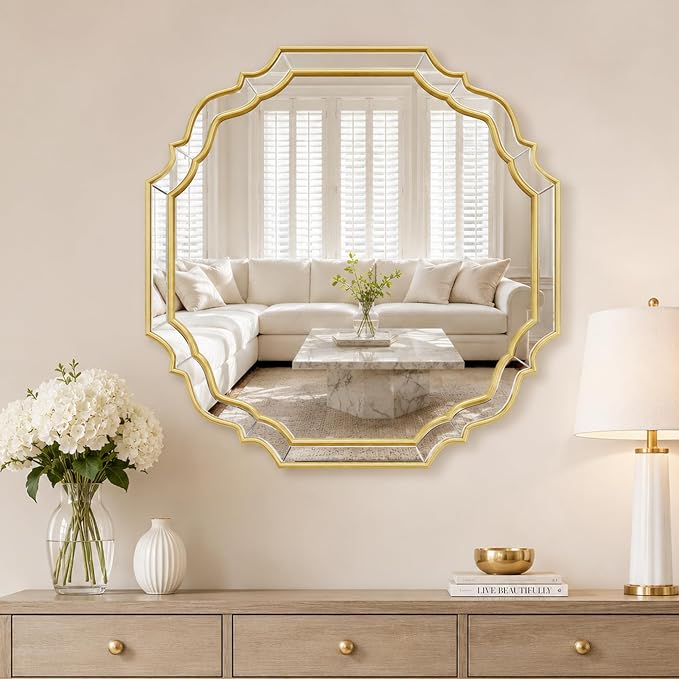 Round Mirrors for Wall Decor,Gold Scalloped Mirror 28 inch, Vintage Wall Mirror for Bedroom, Living Room,Entryway,Bathroom