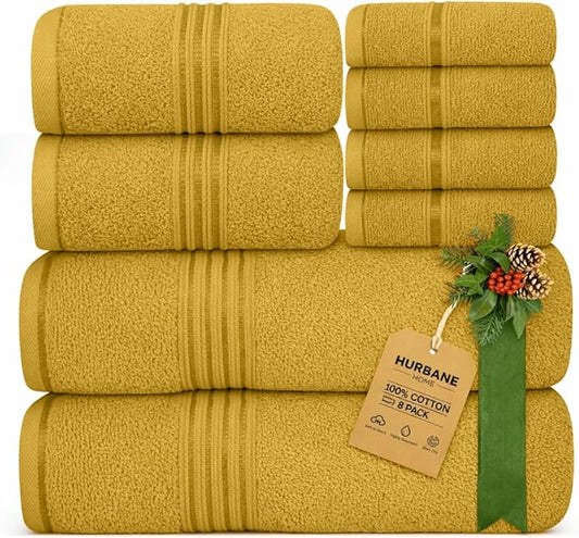 8 Piece Bath Towels for Bathroom - 100% Cotton, Soft Absorbent Bathroom Towels Set - 2 Extra Large Bath Towels, 2 Hand Towels & 4 Washcloths - Hotel Spa Thick Plush Towel, Mustard