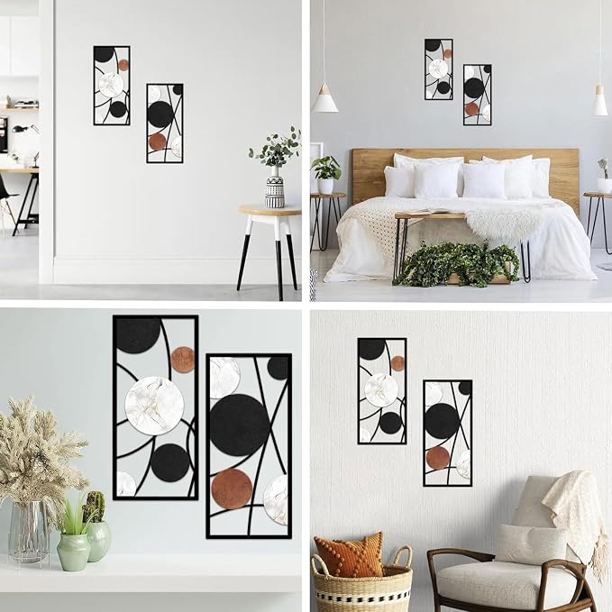 ruelen 2 Pieces Metal Wall Art，Abstract Geometric Circle Decor with Marble Texture, Modern Minimalist Black White Brown Wall Sculpture for Living Room，Bedroom，Office