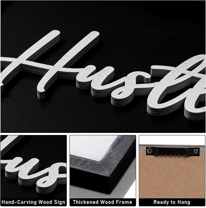 3D Wood Office Wall Art, Framed Grind Hustle Success Inspirational Wall Art, Motivational Wall Decor for Office Bedroom(Ready to Hang, 12x16 inches, Set of 3, Framed)