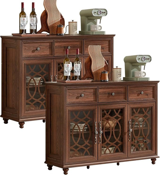 Large Sideboard Buffet Cabinet Set of 2 with Storage,48" Credenza with 3 Glass Doors & 3 Drawers,Adjustable Shelves Coffee Bar,Wood Kitchen Console Table for Dining Room,Brown