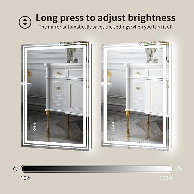 WTTY LED Bathroom Mirror with Backlit and Front Light, 24" X 31.5" Stepless Dimmable LED Mirror for Bathroom,Anti-Fog Lighted Bathroom Vanity Mirror Modern for Wall,Memory Function,Shatter-Proof