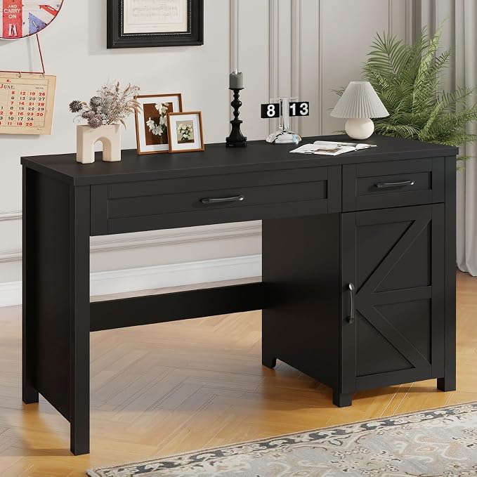 Vabches Farmhouse 47" Executive Desk, Computer Desk with Drawers and Storage Cabinet, Workstation for Home Office and Study.(Pure Black)