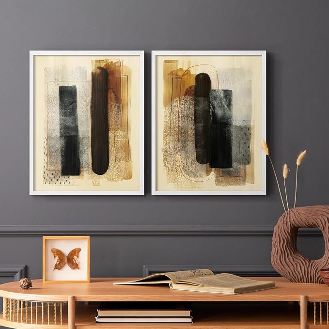 Renditions Gallery Set of 2 Peel & Stick Framed Prints, Pattern Abstract Wall Art, Burnt Toast Pattern Wall Decor, Re-Stickable - Ready to Hang - 11"x14" - White Frame LT588