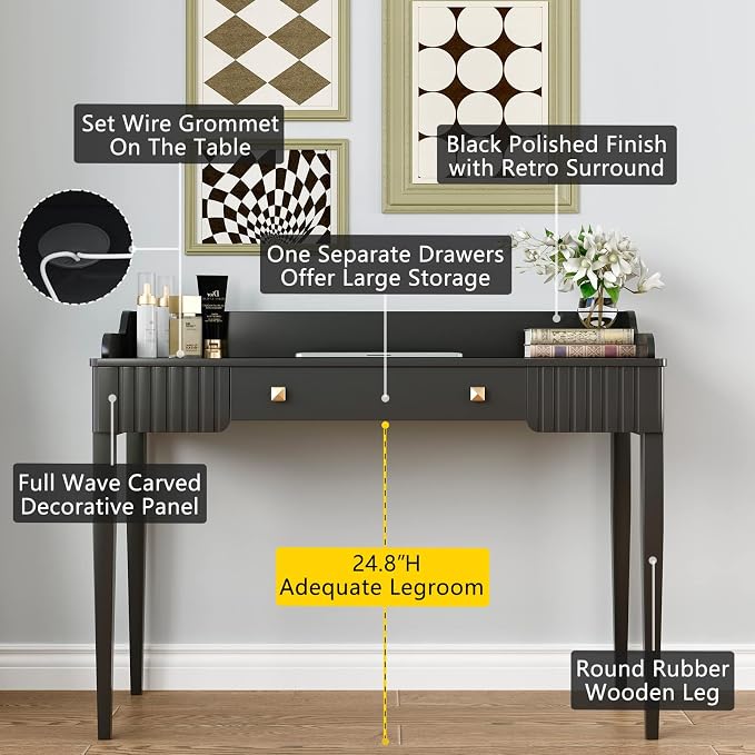 Space-Saving Black Wood Makeup Vanity Desk – Modern Computer Table with Drawers & Gold Handles