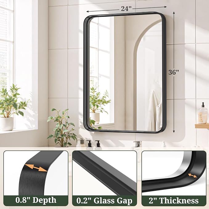 Bathroom Mirror 36x24 Inch Black Metal Frame Rectangle Vanity Mirror with Rounded Corners, Modern Wall Mounted Anti-Rust Mirror for Farmhouse, Restroom, Entryway, Horizontal or Vertical Hanging