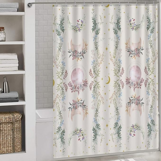 Moon Phase Flowers Shower Curtain Moonlit Herb Wildflower Witchy Celestial Flower Botanical Waterproof Shower Curtains for Bathroom Decor 12 Pack Hooks 66x72in（168x183cm）