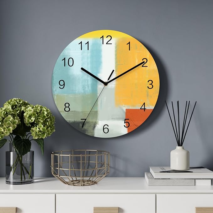 Abstract Painting Art Style Orange Blue Yellow Grey Red Wall Clock Battery Operated Non-Ticking 10" Round Wood Clocks, Kitchen Wall Clock for School Bathroom Living Room Home Office Wall Decor