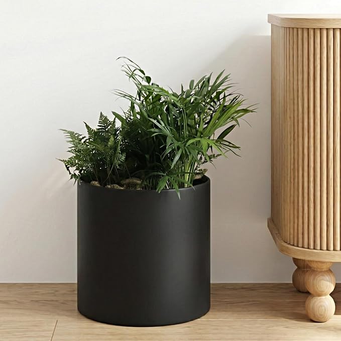 Black Metal Plant Pot with Drainage Hole,7 Inch Mid Century Modern Small Pot Indoor Outdoor Planters for Succulents, Flowers & Home Decor Gift Window Living Room Bedroom