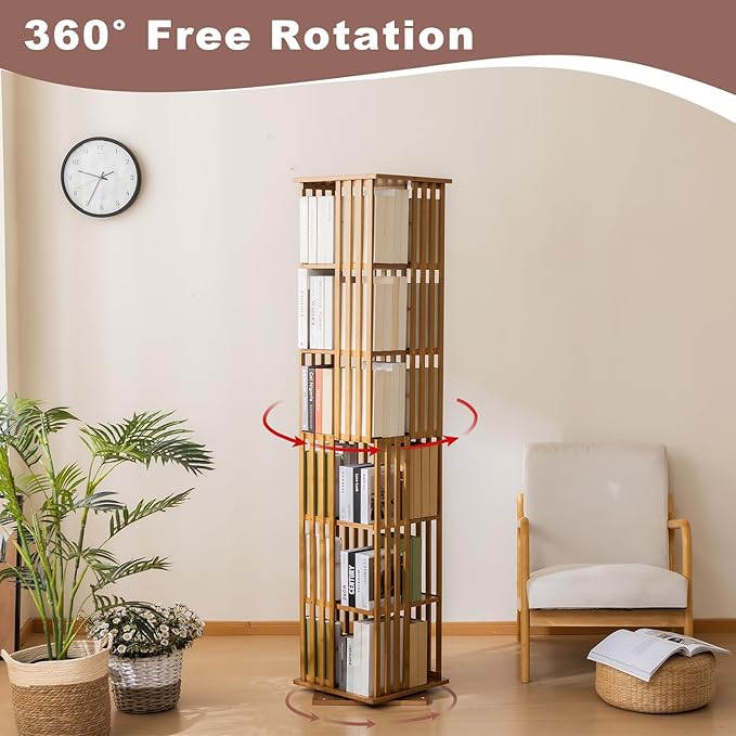 Bamboo Rotating Bookshelf Tower, 360° Spinning Bookcase, 6-Tier Narrow Floor Standing Storage Rack for Corner, Office, Room,Brown