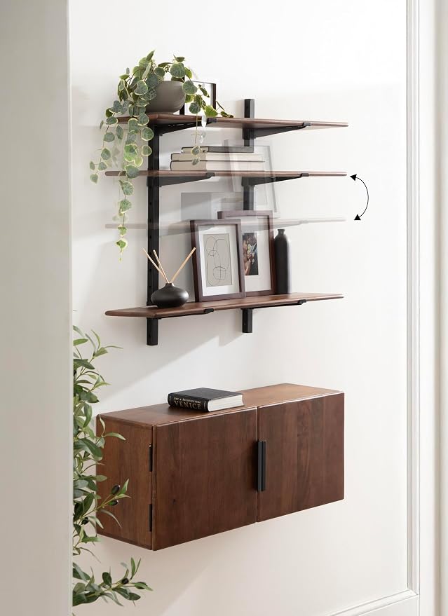 Kate and Laurel Atwood Modern Mango Wood Two-Door Wall Cabinet and Shelf Set, Walnut Brown, Decorative Storage Cabinet with Tiered Wall Shelves for Use as Cohesive Bar Storage Unit