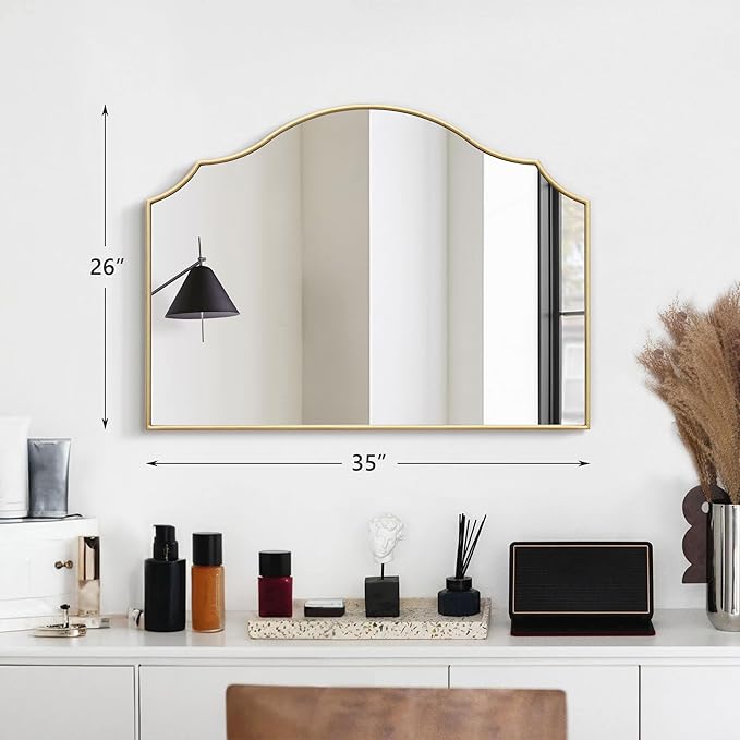 Besdomus Gold Scalloped Mirror for Dresser: 35"x26" Modern Wooden Mantel Mirror - Minimalist Decorative Wall for Vanity/Bedroom/Fireplace/Entryway - Ideal for 20-44 Age Fashion Women
