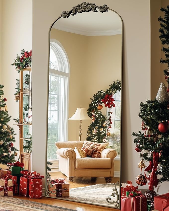 Antok Arched Full Length Mirror, 71"x28" Floor Mirror with Carved, Full Body Mirrors for HomeDecor, Standing/Halling Large Wall Mirror for Bedroom, Living Room, Cloakroom, Bronze, Luxury Style