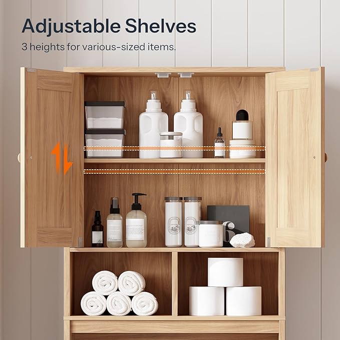 HOOBRO Over The Toilet Storage Cabinet with Rattan-Style Doors, Farmhouse Bathroom Over Toilet Organizer, Bathroom Storage Shelf, Adjustable Shelves, Laundry Room, Natural NL23TS01