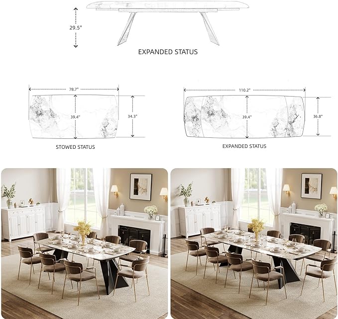 Extendable Dining Table with Leaf, 78"-110" Rectangular Sintered Stone, Marble-Look Top, Seats 6-14, Metal Base, Easy-Clean, Heat & Scratch Resistant, Dining Room/Kitchen Table for Family Gatherings