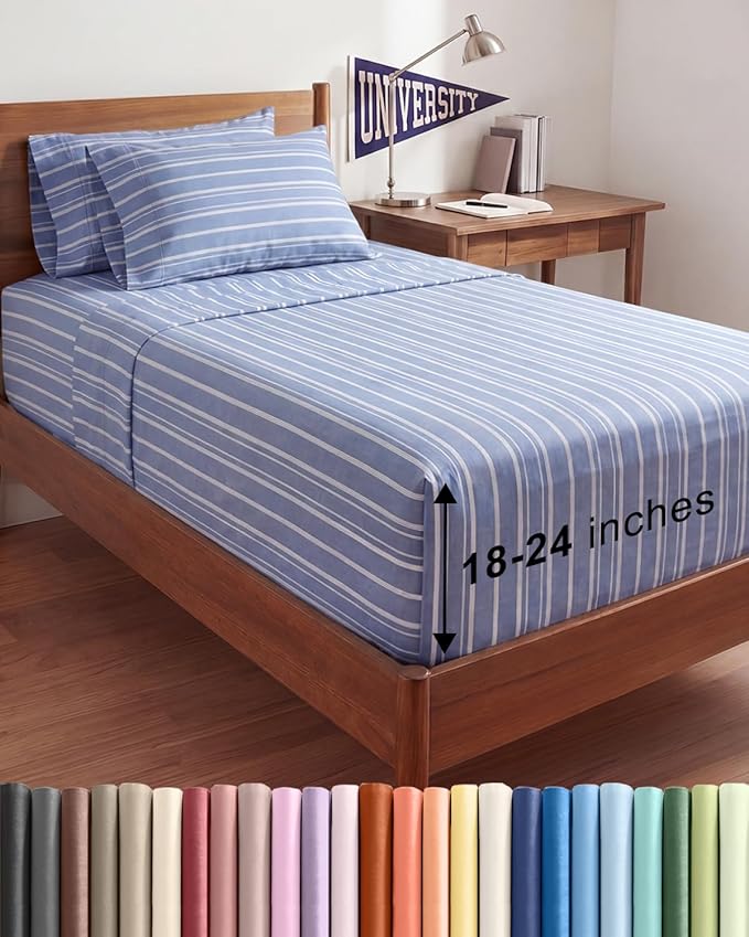 Extra Deep Twin XL Sheet Set - 4 Piece College Dorm Bed Sheets Set with Extra Deep Pockets - Ultra-Soft, Comfy & Breathable Bedding for Women, Men, Kids & Teens - Wrinkle & Fade Free - Blue Stripes 3