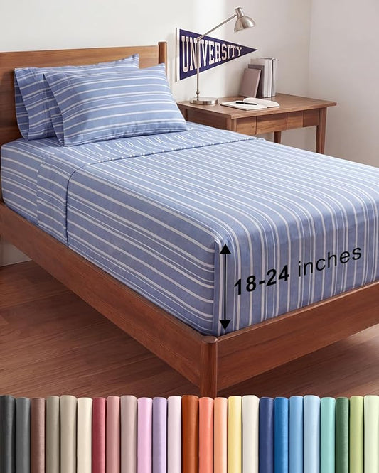 Extra Deep Twin XL Sheet Set - 4 Piece College Dorm Bed Sheets Set with Extra Deep Pockets - Ultra-Soft, Comfy & Breathable Bedding for Women, Men, Kids & Teens - Wrinkle & Fade Free - Blue Stripes 3