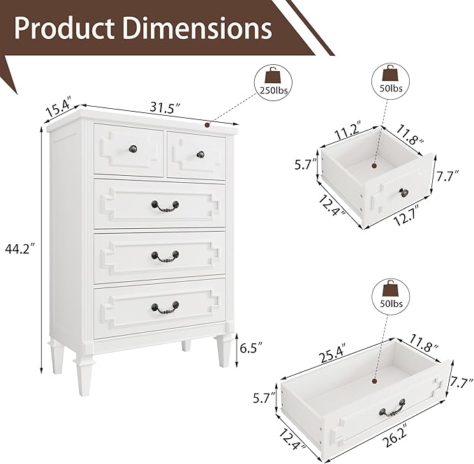 5 Drawer Dresser for Bedroom, 44" Tall Dresser & Chest of Drawers wtih Vintage Surface, Closet Storage Cabinet for Living Room, Hallway, White