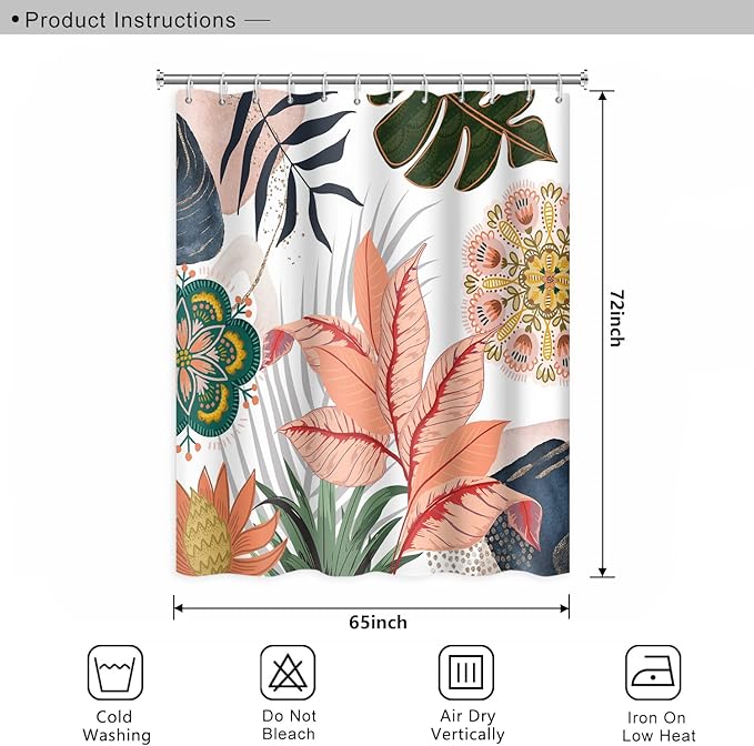 Abstract Mid Century Bathroom Shower Curtain - Colorful Boho Tropical Leaves With Hooks, Polyester Waterproof Fabric for Home Bathtub Decor, 65x72 Inch