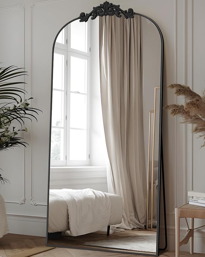 Antok Arched Full Length Mirror, 71"x28" Floor Mirror with Carved, Full Body Mirrors for HomeDecor, Standing/Halling Large Wall Mirror for Bedroom, Living Room, Cloakroom, Black, Retro Style