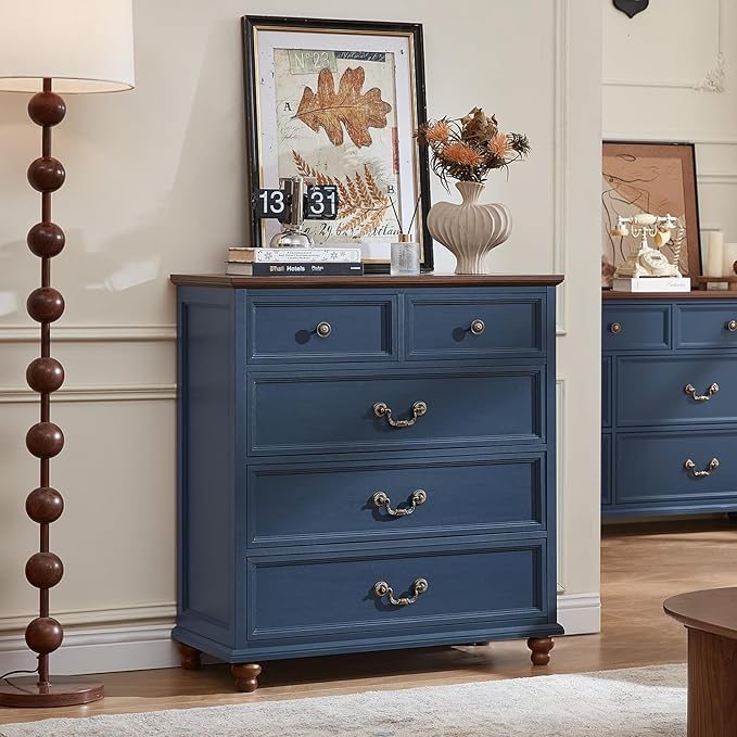 Farmhouse 5 Drawer Dresser for Bedroom, 35" Tall Rustic Chests of Drawers w/ 4 Solid Wood Feet, Mid Century Modern Wooden Closet Storage Dressers Organizer for Living Room, Hallway,Blue