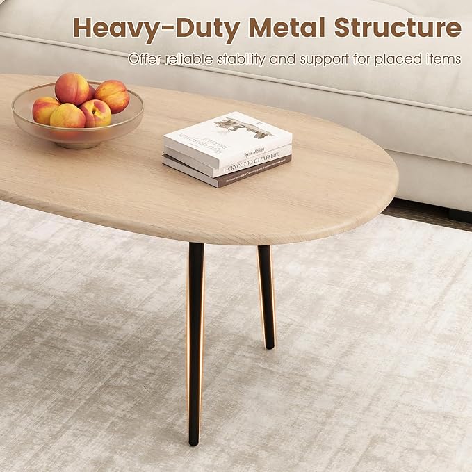 Giantex Oval Coffee Table, Mid Century Modern Center Table with Sturdy Metal Frame and Compact Design, Vintage Accent Cocktail Tea Table, Wood Living Room Tables for Small Spaces (Natural)
