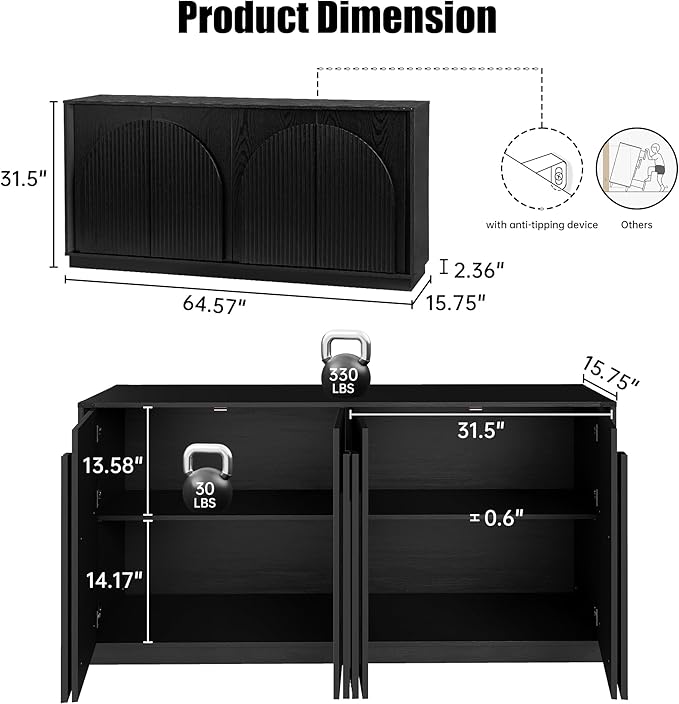 65" Sideboard Buffet Cabinet with Storage, Modern Fluted Accent Credenza with Adjustable Shelves, Wood Media TV Console Coffee Bar Table for Dining Room, Kitchen and Living Room, Black