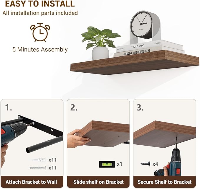 48 Inch Floating Shelves, 48"x9.25"x1.5" Inch Deep Floating Shelves for Wall, Wooden Shelves for Bathroom, Bedroom, Living Room, Walnut, 1 Piece