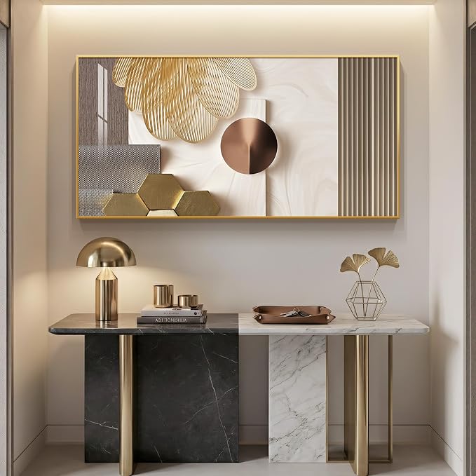 Large Framed Modern Luxury Gold Wall Art for Living Room, Horizontal Bright Style Artwork for Walls, Contemporary Geometric Picture Prints Painting Decor for Bedroom Hallway Dining Room 56x28 Inch