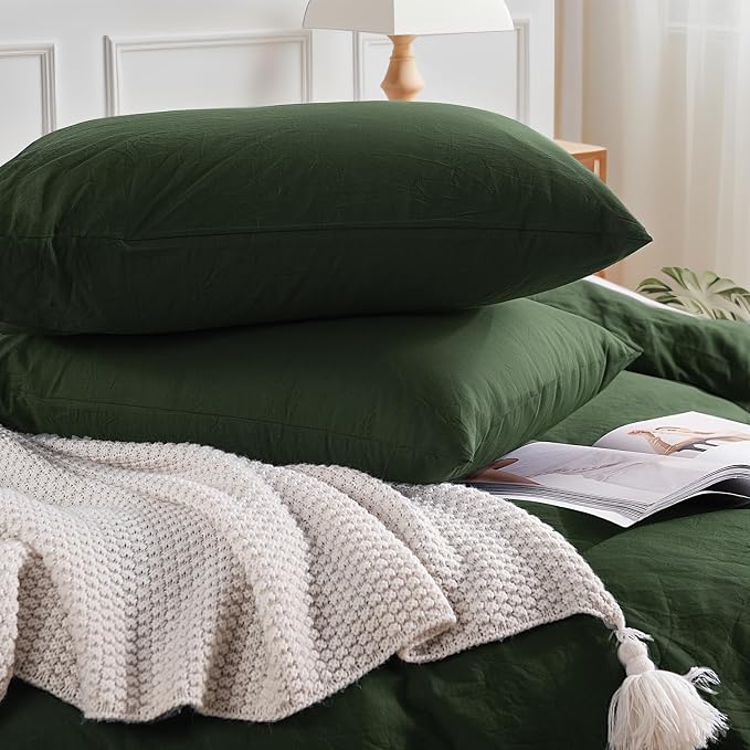 NEXHOME PRO King Duvet Cover Set – 100% Certified Organic Cotton with Washed Feel & Linen-Like Texture, Comfortable & Breathable, Home Bedding Set Olive Green (No Comforter)