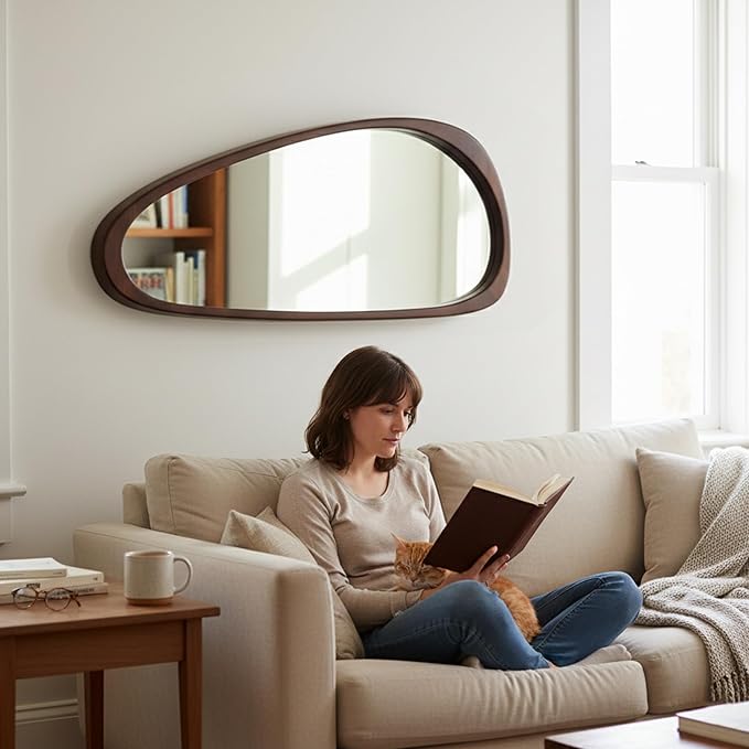 Irregular Asymmetrical Wall Mirror 48"×24" with Solid Wood Frame, Sculptural Mid-Century Modern Decorative Full-Length Wall Mirror for Living Room, Entryway & Bedroom