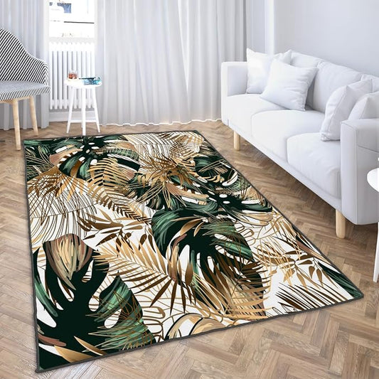 Ansouyi Non-Slip 5x7 ft Area Rugs, Washable Rug Carpet for Living Room, Emerald Green Gold Tropical Botanical Plant Home Decor Rugs for Game Room Classroom Bedroom Dining Kindergarten Room