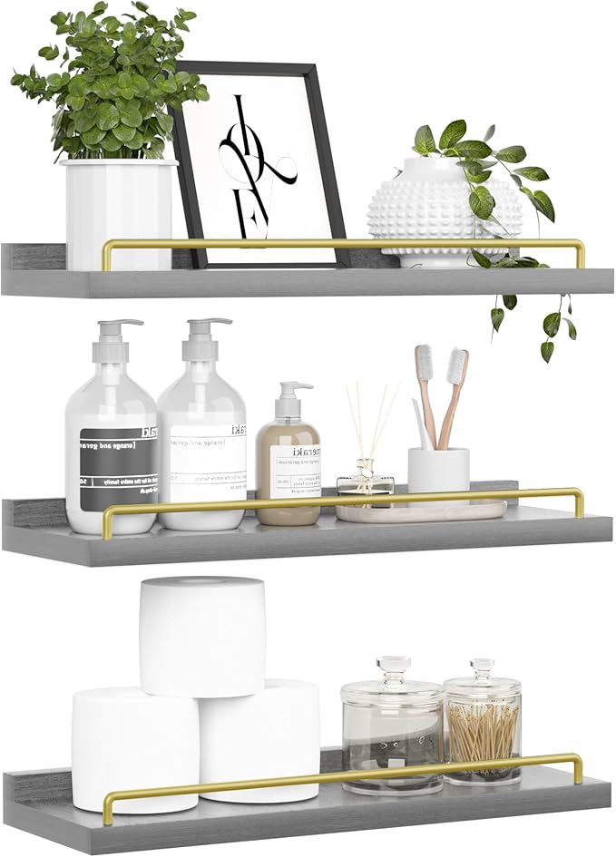 Floating Shelves for Wall Decor, Grey and Gold Shelves for Bathroom, Living Room, Bedroom, Picture Frames, Plants, Kitchen (Set of 3)