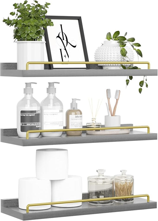 Floating Shelves for Wall Decor, Grey and Gold Shelves for Bathroom, Living Room, Bedroom, Picture Frames, Plants, Kitchen (Set of 3)