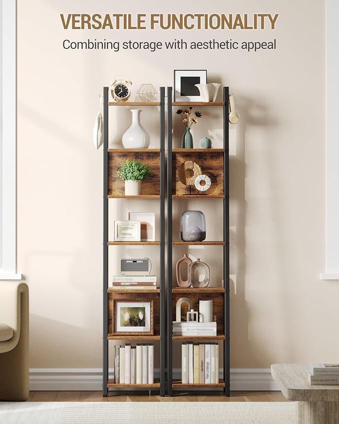 Hzuaneri Ladder Shelf, 7-Tier Narrow Bookshelf with 2 Back Panels, Industrial Ladder Shelf with 2 Hooks, for Home Office, Living Room and Bedroom, 12.2" D x 12.2" W x74.2''H, Rustic Brown BC31701B