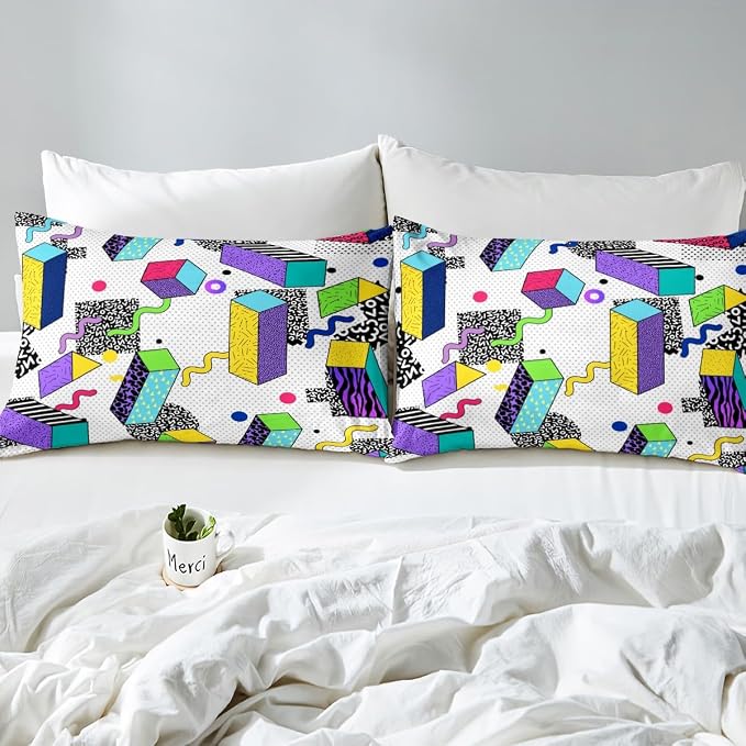 80s 90S Fashion Style Bedding Set Queen Size,Retro Memphis Style Pattern with Geometrical Shapes Duvet Cover for Kids Child,Funky Hipster Old Fashioned Comforter Cover Triangle Geometric Decor