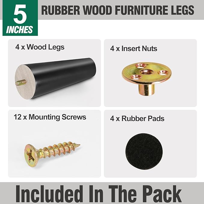 FoDau770 Black Rubber Wood Furniture Legs 5 Inches, Straight Tapered Wood Feet Mid Century Sofa Legs Set of 4, 5/16" UNC Furniture Feet Replacement Parts for Cabinet Couch Dresser Chair Ottoman Table