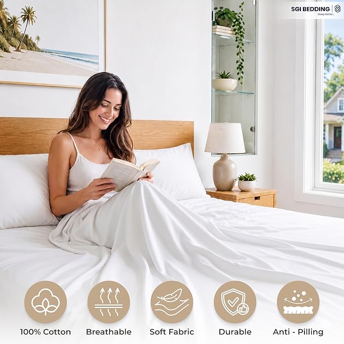 SGI bedding 100% Egyptian Cotton Sheets King Size – 600 Thread Count Sheets Set, Soft, Cooling, 15" Deep Pocket, Luxury Hotel Bedding, Breathable, Durable - White
