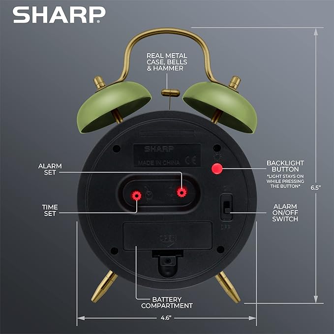 Sharp Twin Bell Alarm Clock, Loud Alarm Great for Heavy Sleepers - Stylish Matte Finish with Rustic Bronze Accents, Battery Operated (Matte Sage)