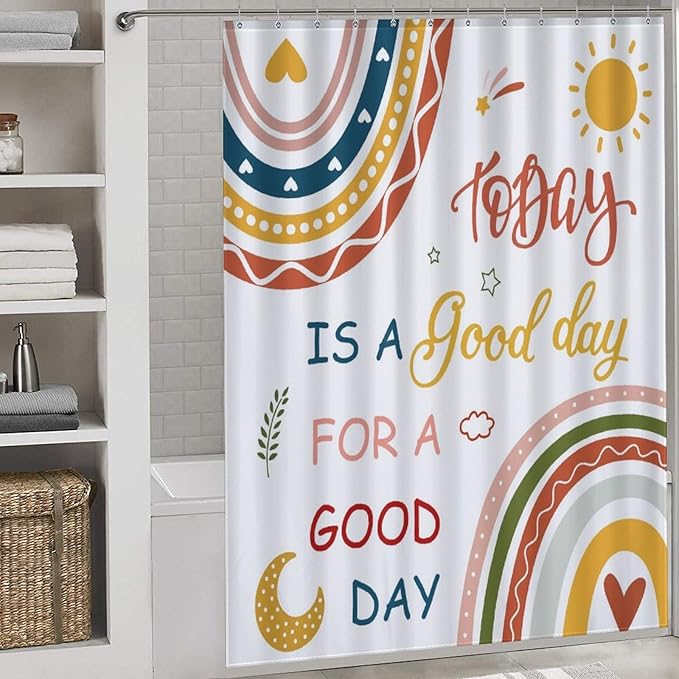 Colorful Shower Curtain, Kids Girls Baby Boho Rainbow Cute Inspirational Motivational Quotes Bohemian Cartoon Pink Pastel Waterproof Fabric Bathroom Shower Curtain Set with Hooks, 72"x84" Inch