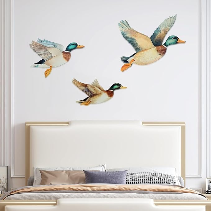 FLHRSM Mallard Duck Baby Stuff 3PCS, Wooden Mallard Ducks Hunting Wall Decor Vintage Farmhouse Wall Art, Nursery Living Room Decor Rustic Baby Shower Party Gifts, Carved Flying Birds Hanging Signs