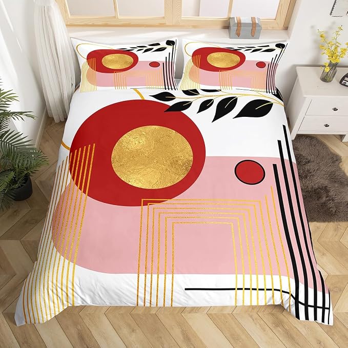 Erosebridal Pink Abstract Boho Queen Comforter Cover Mid Century Modern Duvet Cover Minimalist Aesthetic Neutral Bed Set Botanical Leaves Simple Bedding Set