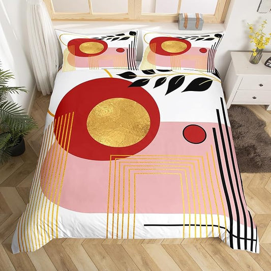 Erosebridal Pink Abstract Boho Duvet Cover King Size Mid Century Modern Comforter Cover Minimalist Aesthetic Neutral Bedding Set Botanical Leaves Simple Bed Set