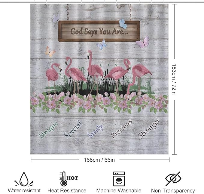 Flamingo Shower Curtain,Summer Beach Tropical Leaves Butterflys Floral with Inspirational Quotes Waterproof Shower Curtains for Bathroom Decor 12 Pack Hooks 66x72in（168x183cm）