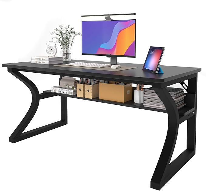 AZN Computer Desk, 47x24 in Computer Desk, Office Desk w/Storage & U-Size Metal Frame for Home Office Bedroom Gaming, Office Desk w/Water-Resistant, Scratchproof Surface, Black