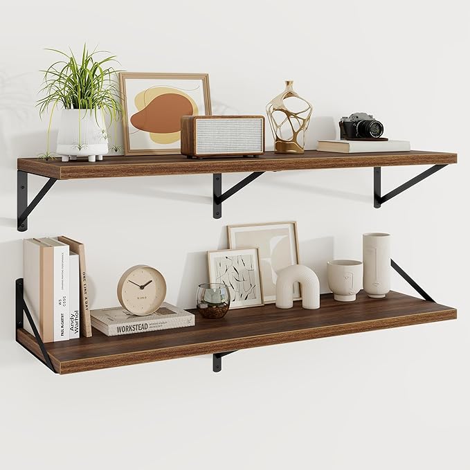 Floating Shelves, 12 Inch Deep Rustic Wood Wall Storage, 48W x 12D Wall Shelves Set of 2, Heavy Duty Metal Brackets, Large Industrial Book Shelf for Living Room, Kitchen, Bedroom, Walnut