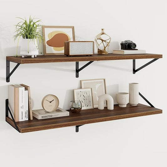 Floating Shelves, 12 Inch Deep Rustic Wood Wall Storage, 48W x 12D Wall Shelves Set of 2, Heavy Duty Metal Brackets, Large Industrial Book Shelf for Living Room, Kitchen, Bedroom, Walnut