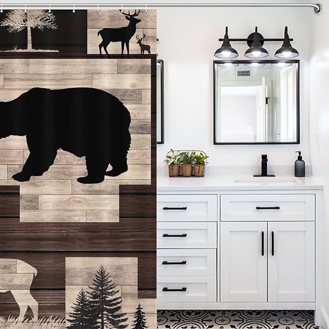 Rustic Cabin Bear Animals Shower Curtain Deer Forest Wildlife Wooden Country Lodge Hunting Camping Animal Waterproof Shower Curtains for Bathroom Decor 12 Pack Hooks 72x72in (183x183cm)