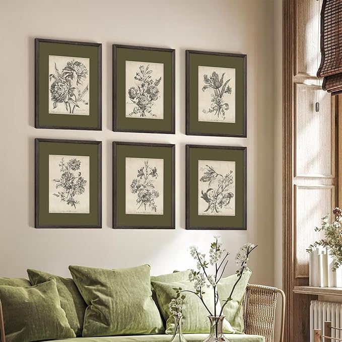 Vintage Floral Wall Art Sketch Flower Prints Antique Botanical Canvas Wall Art Decor Vintage Etchings Floral Poster Green Botanical Painting Sage Green Artwork for Bedroom 8x10x6 Inch Wood Framed