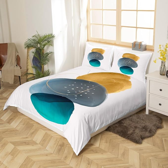Erosebridal Geometric Bed Set Vintage Minimalism Duvet Cover, Mid Century Bedding Set Twin Abstract Polka Dots Comforter Cover, Aesthetic Lines Bed Cover Beige Dark Green White Grey 2-Piece